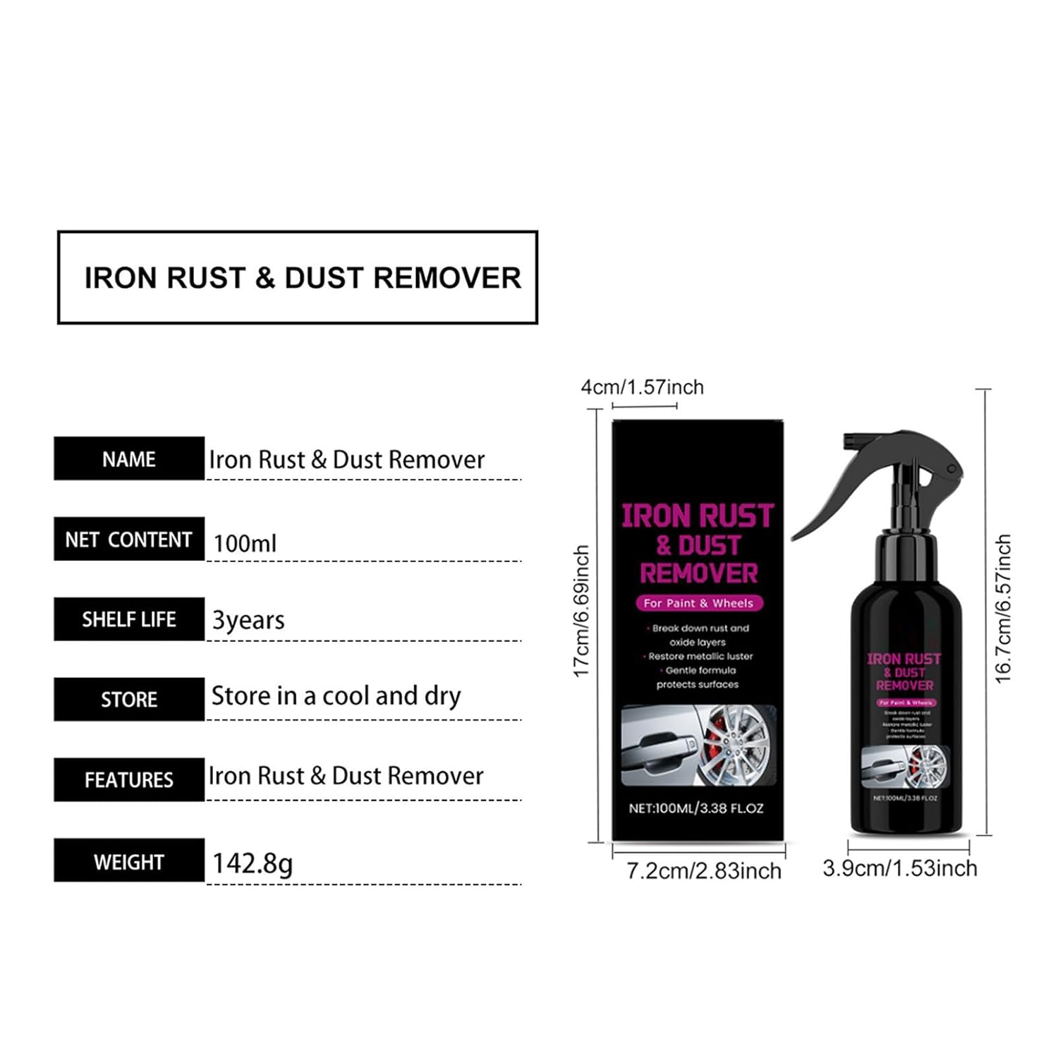 JIEBWCHA Multipurpose Rust Remover Spray, 100Ml Heavy Duty Rust Dissolver for Metal, Multipurpose Automotive Detailing Supplies for Motorcycles Pickup RV Sedan Trailer image number 5