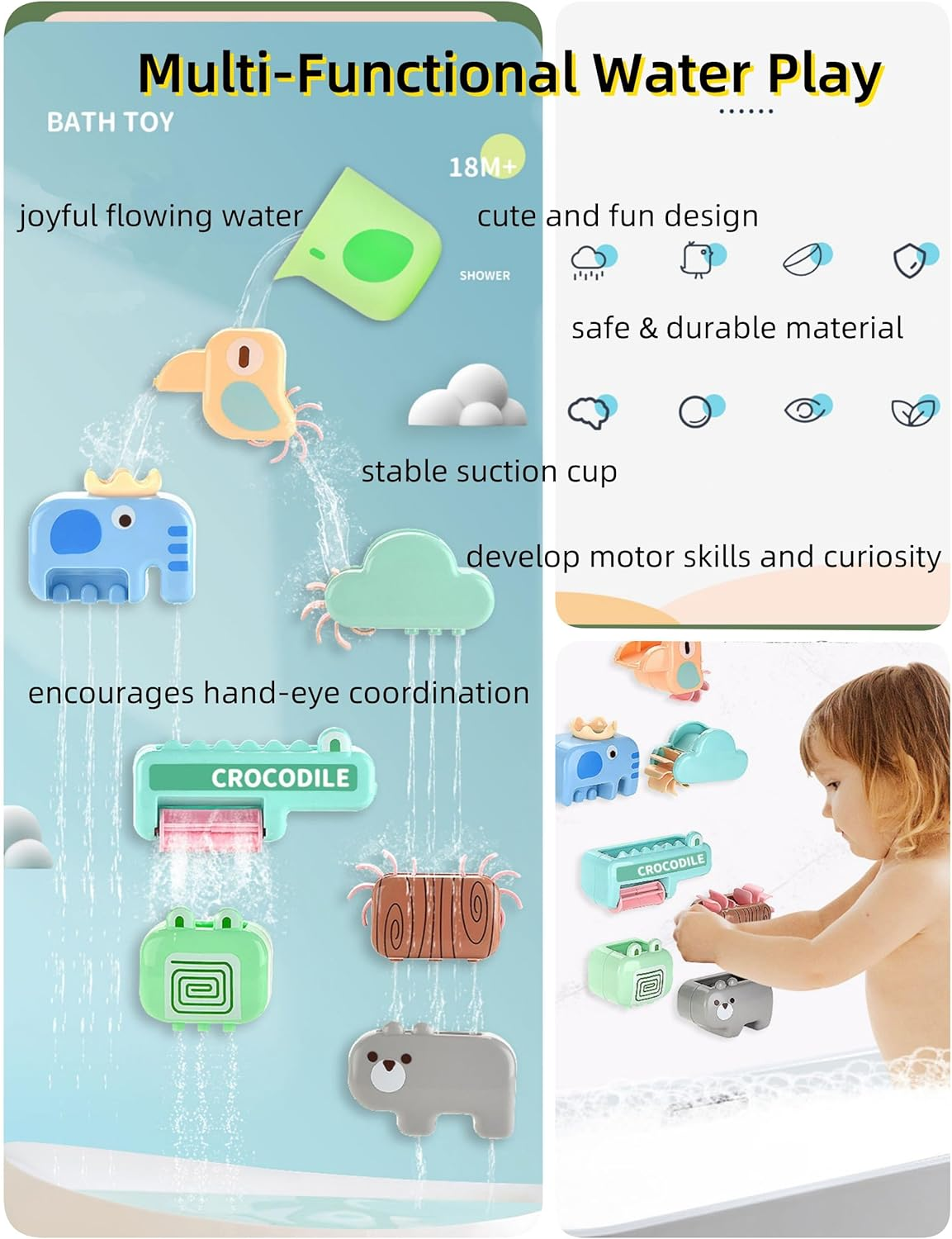 Bath Toy Set for Toddlers,Kids Bath Toys Baby Bathtub Toys with Gift Box for Girls Boys,8Pcs Animal Water Play Toys with Suction Cups,No Battery Needed,Fun Water Flow Modes image number 5