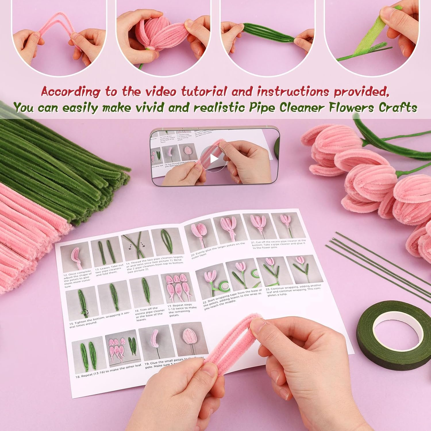 Pink Pipe Cleaner Flower Kit Pipe Cleaner Flowers Pipe Cleaners Bulk Green Pipe Cleaners Chenille Stems Set with Floral Wire Instructions for DIY Art and Craft Projects Creative(15 Flowers)