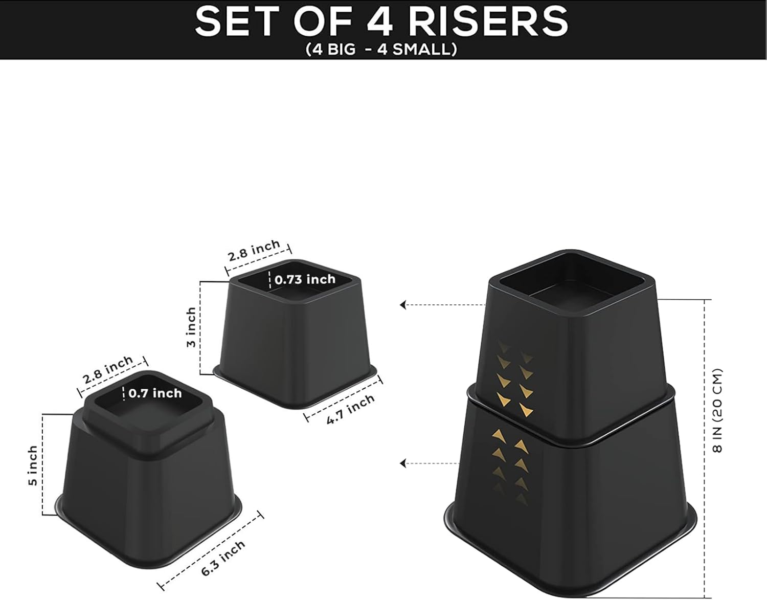 Adjustable Bed Furniture Risers-Stackable Bed Frame Risers,Heavy Duty Risers for Beds Elevation in Heights 3, 5 or 8 Inch for Chair, Table and Sofa- Supports up to 1300 Lbs - (Set of 8 Riser, Black) image number 6