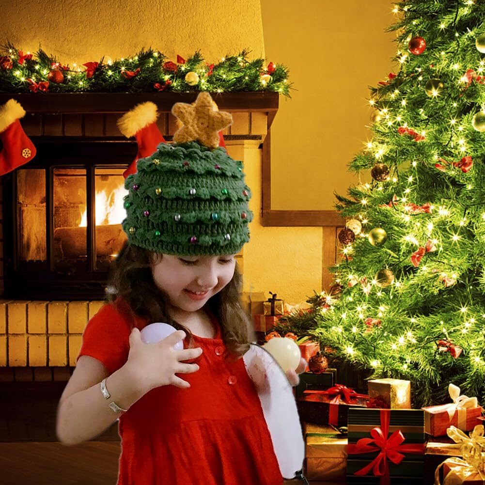 Unisex Christmas Winter Knitted Crochet Beanie Bearded Caps Christmas Tree Knit Hat Warm Hat Green with Stars image number 4