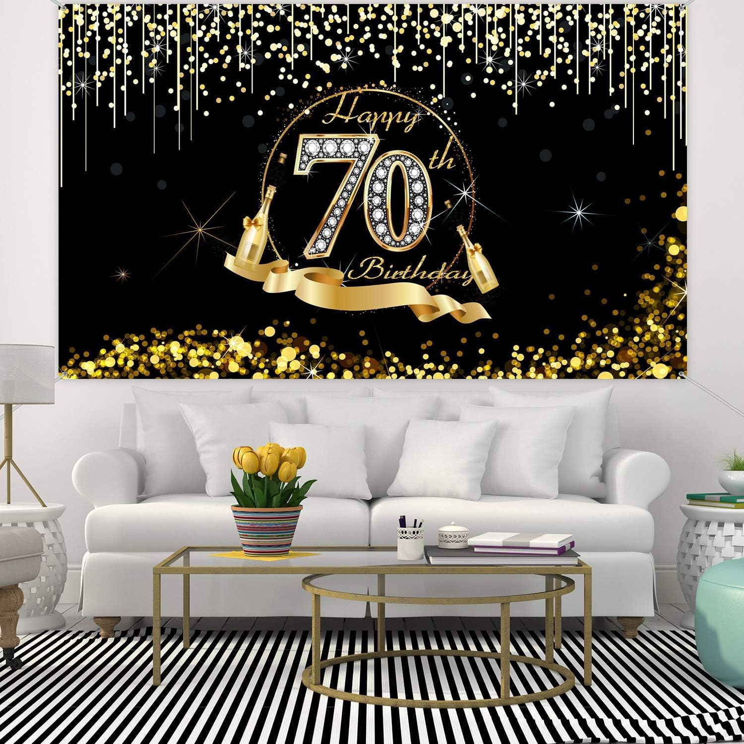 70Th Birthday Party Decoration, Extra Large Black Gold Sign Poster 70Th Birthday Party Supplies, 70Th Birthday Banner Photo Booth Happy Birthday Backdrop Background, 72.8 X 43.3 Inch image number 1