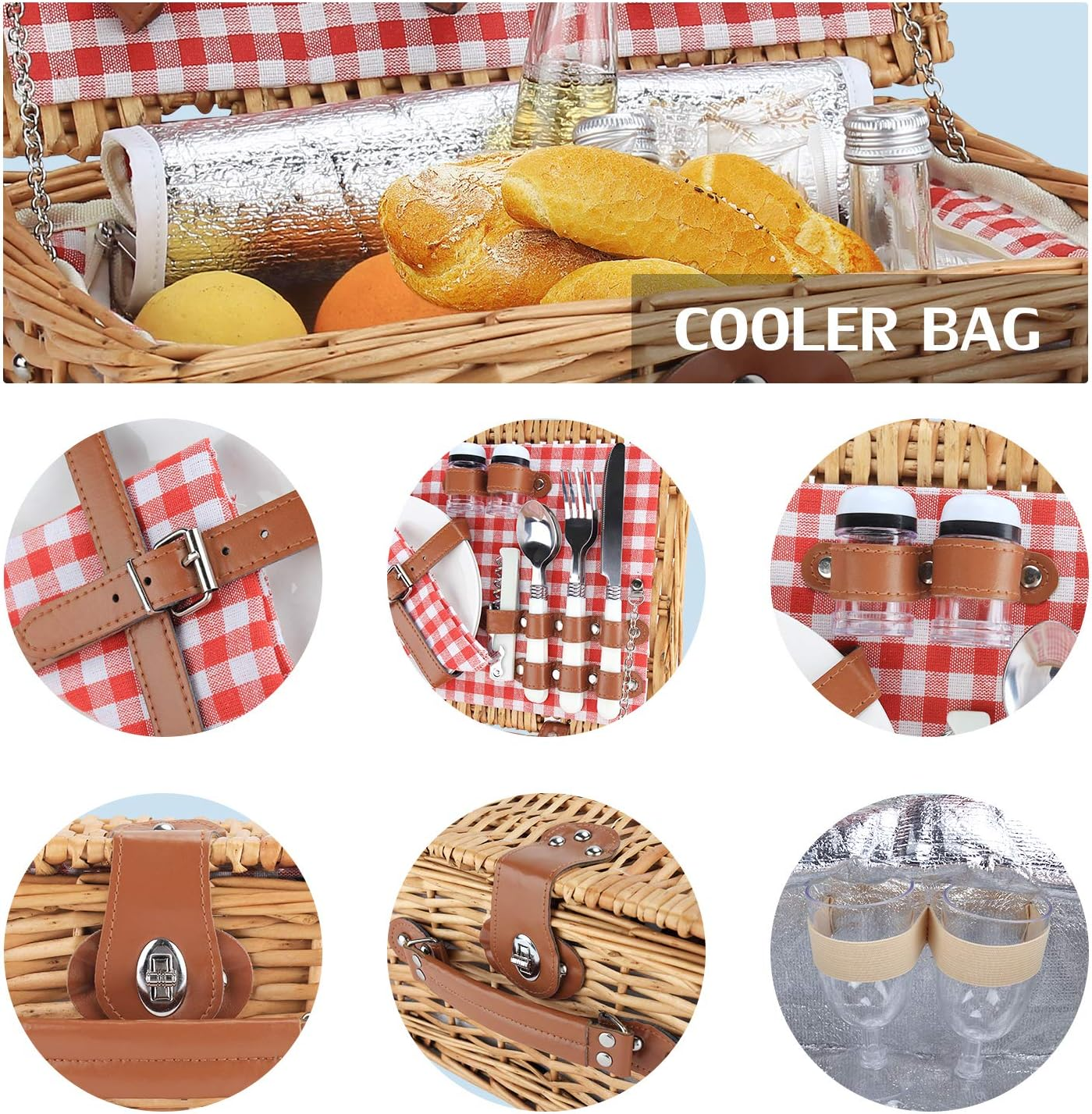Wicker Picnic Basket for 2, Willow Hamper Basket Sets with Insulated Compartment, Handmade 2 Person Picnic Basket Classical Red Check with Utensils Cutlery Perfect for Picnic, Camping