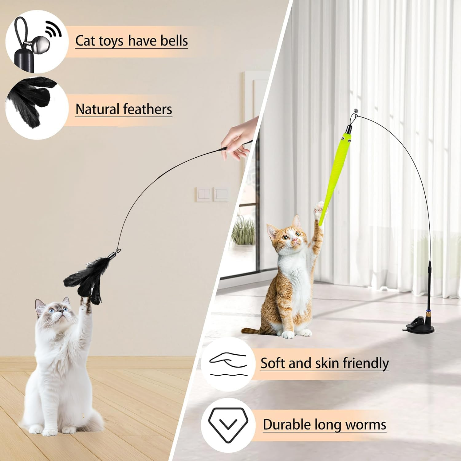 15 Pcs Cat Toys, Interactive Cat Toy, Cat Toys for Indoor Cats, 2 Upgraded Self-Holding Power Suction Cup Bases & Removable Teaser Cat Wand Sticks, 15 Replacement Kitten Toys with Bells. - 10Pcs image number 2