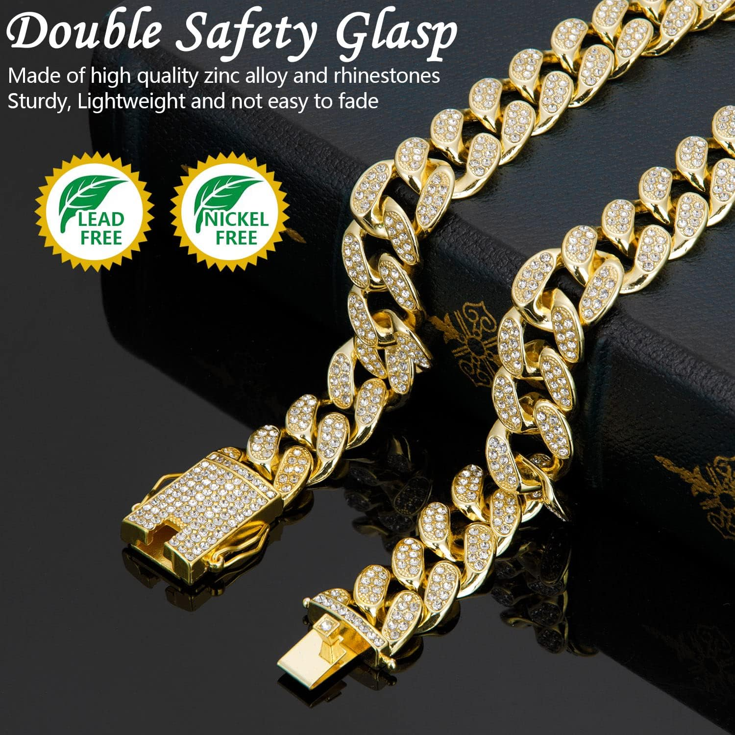 YGAOHF Gold Dog Chain Collars, 15 Mm Width Diamond Cuban Link Dog Collar, Heavy Duty Gold Chain Dog Collar with Secure Buckle, Dog Necklace Walking Collar for Medium Large Dogs Cats, 18 Inch