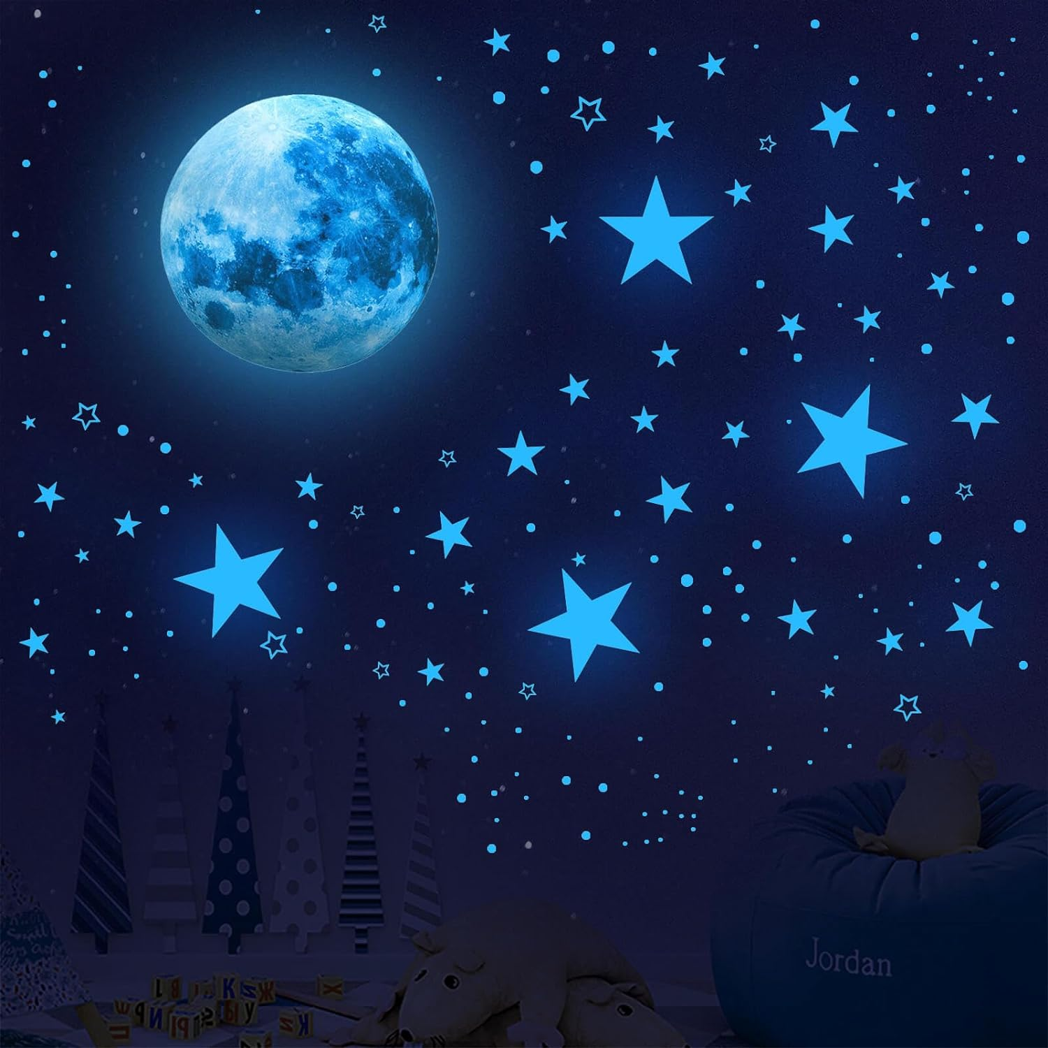 1108 Pcs Classic Glow in the Dark Stars & Moon Wall Decals, Vinyl, Blue, Star & Dot Pattern, Indoor, Kids Boys Bedroom Living Room Decor image number 1