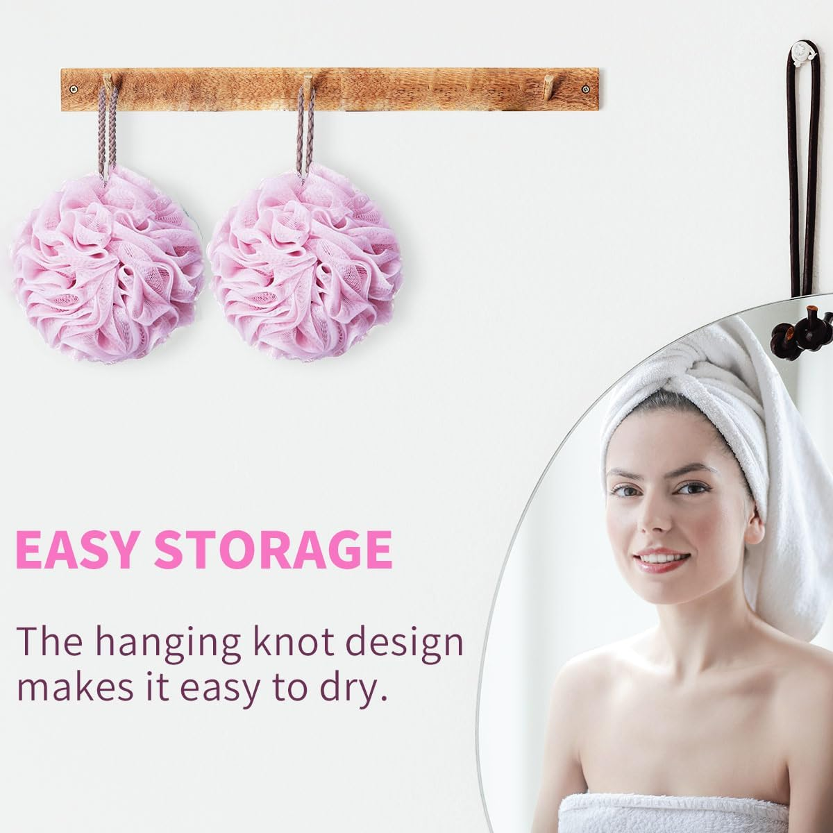 Miss Rui Shower Bath Sponge Shower Pouf Loofahs Balls 60G/Pcs for Body Wash Bathroom Men Women Kids Set of 2 Pink Sponges image number 1