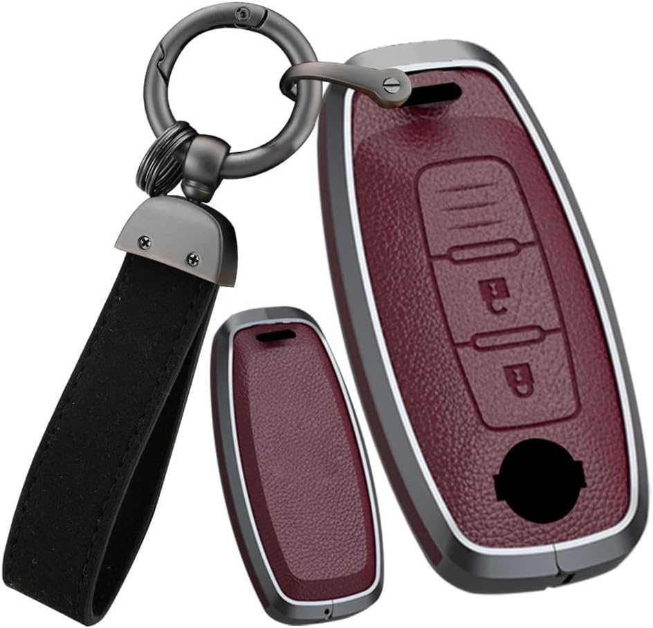 Ontto 3 Buttons Leather Key Fob Cover Fit for Nissan Qashqai Altima Teana Ariya X-Trail T33 Qashqai J12 2022 2023 Keychain Accessories Zinc Alloy Smart Key Case Shell Holder Bag Keyring Red A
