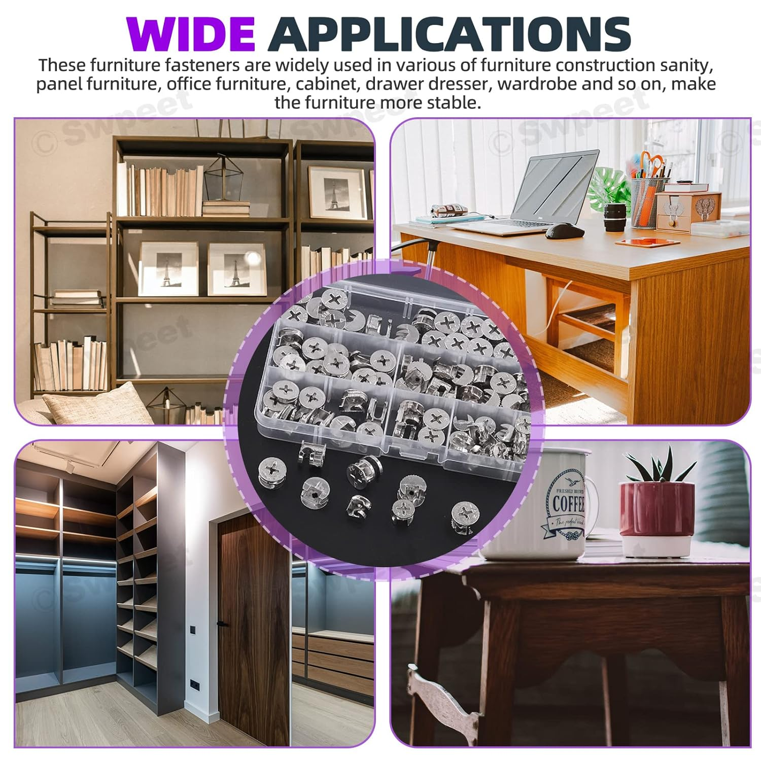 Swpeet 100Pcs 4 Sizes 3 in 1 Furniture Connecting Cam Lock Fittings Assortment Kit, Fastener Cabinet Connectors Hardware Bolts Furniture Connecting Lock Nut for Closets Bed Furniture Connecting image number 2