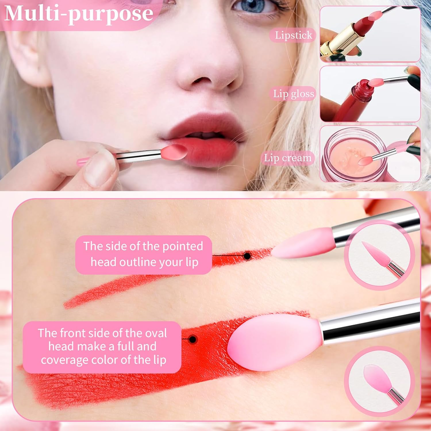 4 PCS Lip Brush & 4 PCS Nose Brush, Double-Sided Exfoliating Lip Scrubber, Soft Silicone Makeup Brushes & Applicator Tools for Smooth Lips & Nose, Gentle Exfoliation & Precise Balm Application (Pink) image number 5