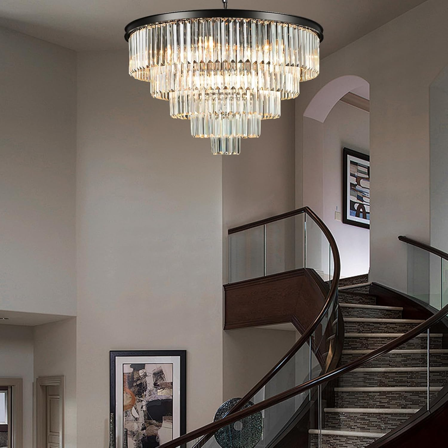 USOR 16 Lights Large Crystal Chandeliers D80Cm H50Cm Modern Luxury Flush Mount Ceiling Light Fixture 3 Colors Hanging Pendant K9 Crystal Chandeliers (Black+Clear Crystal, D80Cm X H50Cm) - Gold+ Clear Crystal image number 7