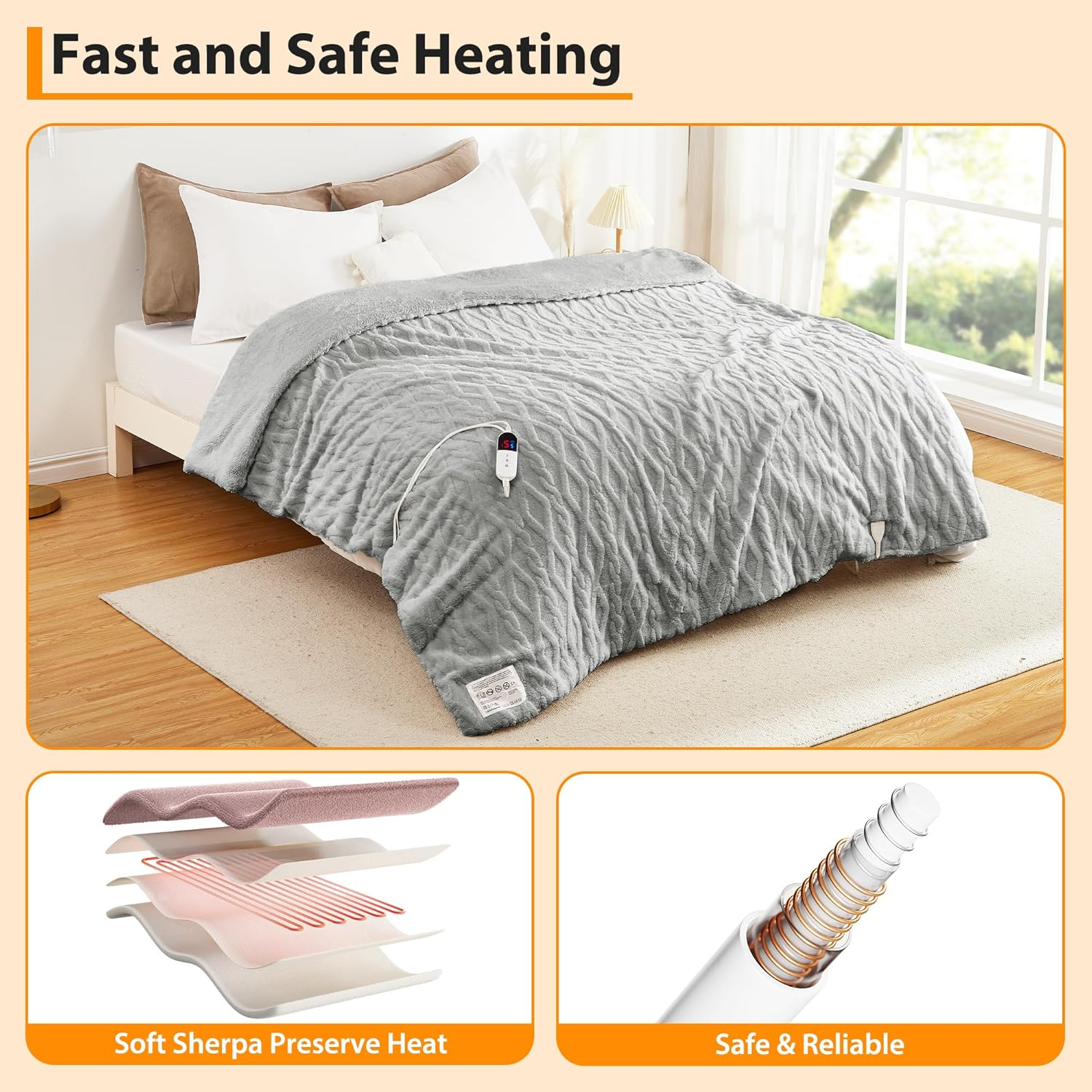 Heated Throw Blanket - 160X130Cm Thick Tufted Sherpa Electric Blanket with 6 Heat Settings and 10H Auto-Off, SAA Certified Overheat Protection Machine Washable Fast Heated Blanket, Gery image number 1