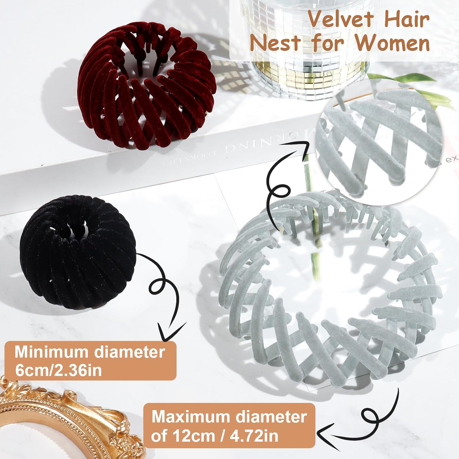 DIQIUREN 6 PCS Expandable Birds Nest Hair Clip Accessories for Women and Girls, 3 PCS Rhinestone Bird Nest Magic Hair Clip for Ponytail Holder and 3 PCS Fixed Velvet Birds Nest Hair Clips for Women image number 3