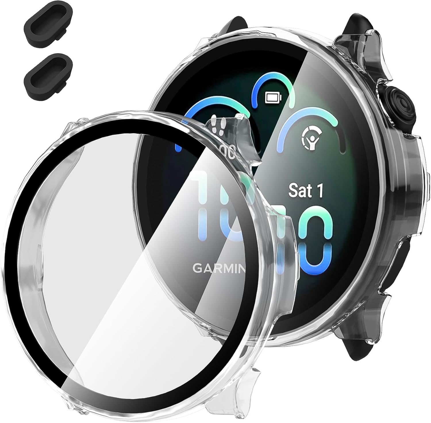 Suoman 2 Pack Case for Garmin Vivoactive 6 Screen Protector, All-Around Protective PC Cover Tempered Glass Screen Protector Case for Garmin Vivoactive 6-Black+Black