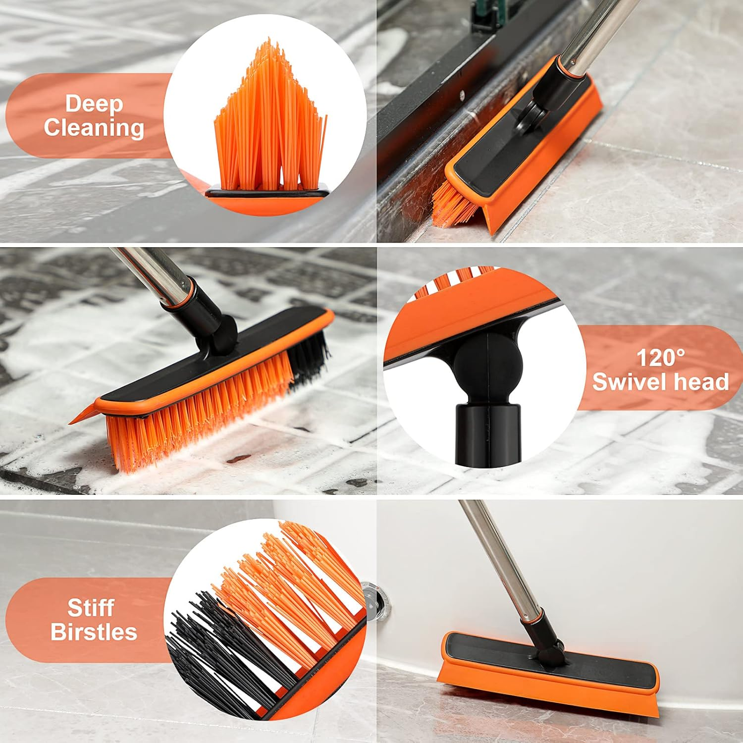 Homilifibra 2 in 1 Floor Scrub Brush Grout with 57.8'' Long Handle,120&deg;Rotatable Shower Tile Scrubber,Kitchen Bathroom Crevice Squeegee,V-Shaped Corner for Hard to Reach Areas Black&Orange