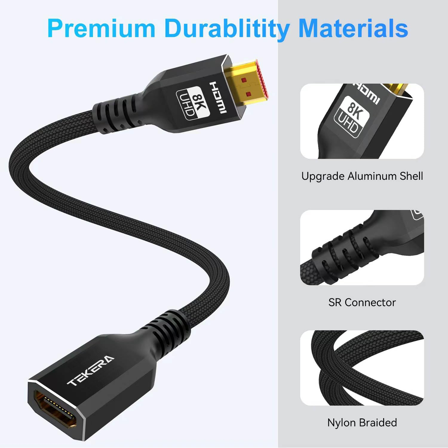 TEKERA 8K HDMI Extension Cable 1M, HDMI 2.1 Extender Male to Female, 48Gbps Ultra High Speed, Support 8K@60Hz 4K@120Hz HDR Earc VRR, Braided for PS5 Xbox TV Monitor Laptop（3.3Ft/1M） image number 4