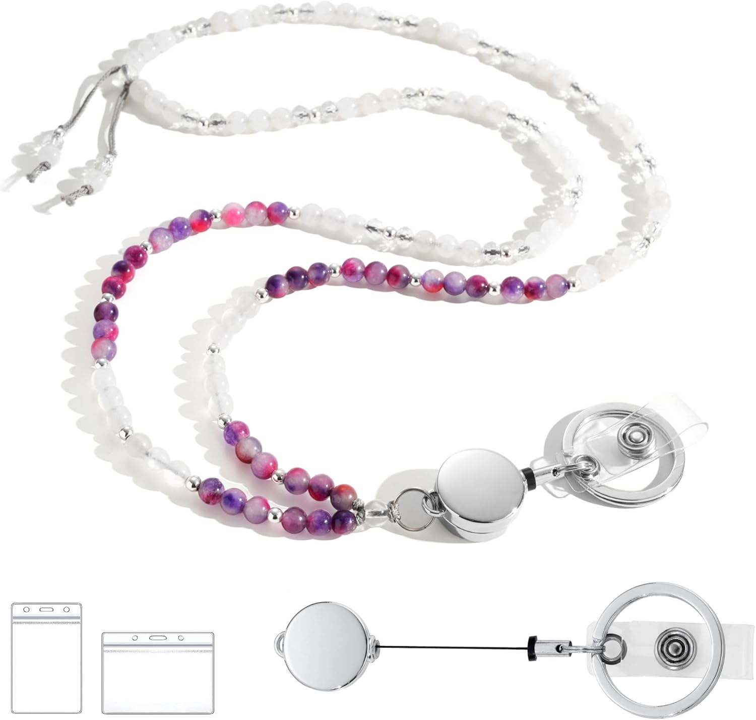 LENYNAL Lanyards for ID Badges and Keys, Natural Stone Retractable Lanyard Durable 3.0 Beaded Lanyard for Teacher Women