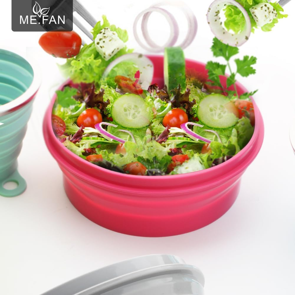 ME.FAN Silicone Collapsible Bowls - Silicone Folding Travel Bowl with Lids - Expandable Food Storage Containers Set - BPA Free, Portable, [27Oz] (2 Pack-Blue-Light Green) - 2 Pack-Powerblue-Deep Green image number 4