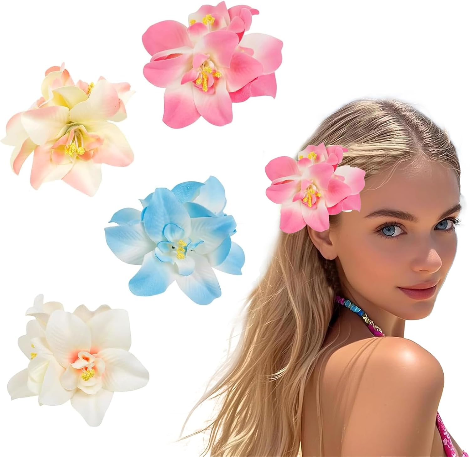 ASOMI 4 Pieces Hawaiian Flower Hair Clips for Women 3.5 Inch Artificial Tropical Hair Clip Hibiscus Claw Clip Beach Holiday Party Boho Hair Accessories image number 1