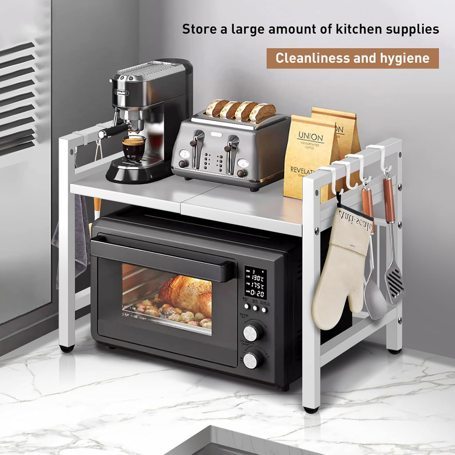 Joiena Extendable Microwave Oven Rack Black, Adjustable Microwave/Toaster Shelf Heavy Duty Stand Kitchen Counter Top Organizer, 2-Tier with 6 Hooks (White) image number 5