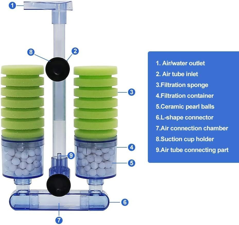 Boxtech Aquarium Biochemical Sponge Filter, Ultra Quite Aquarium Double Head Bio Sponge Fish Tank Foam Filter-Green image number 5