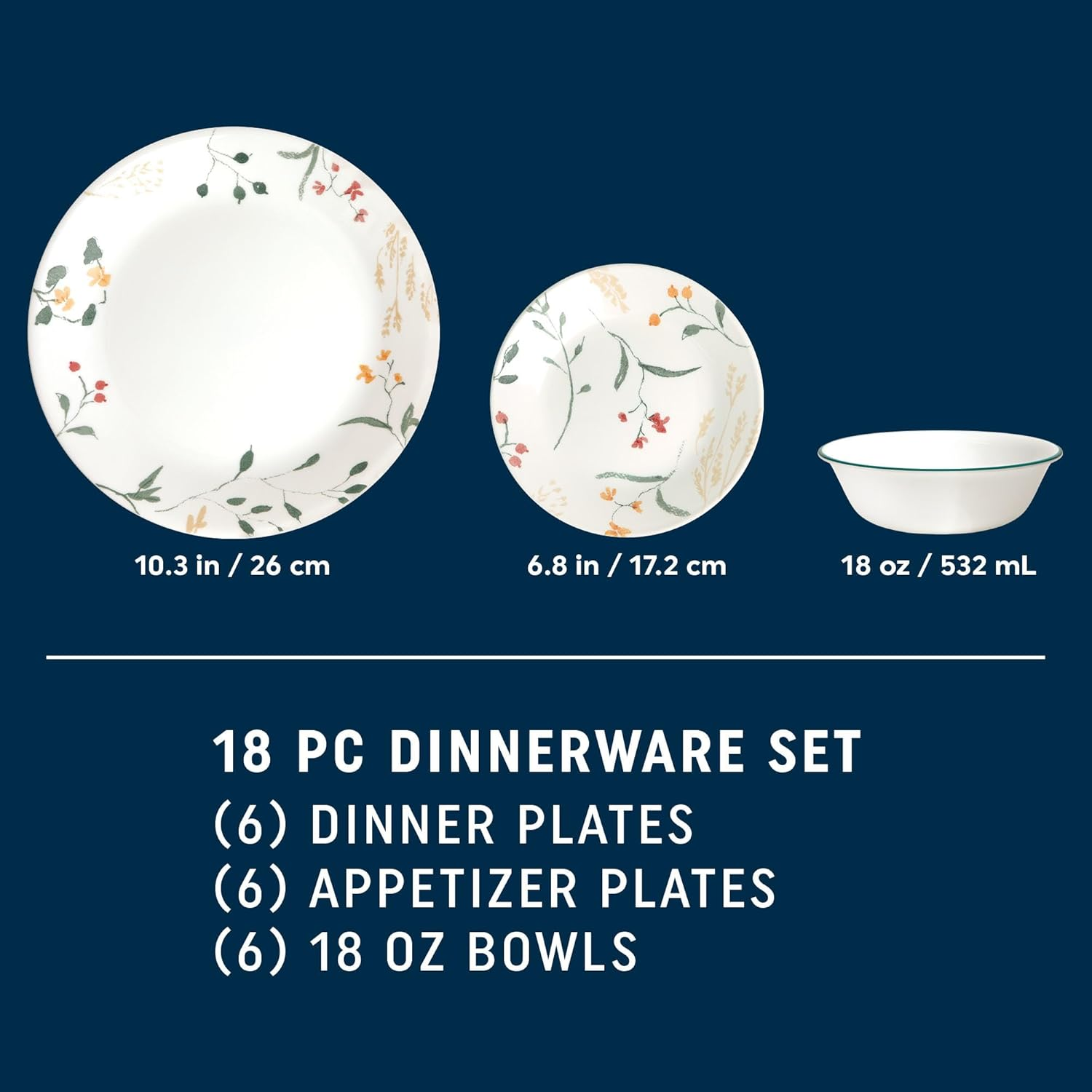 Corelle Vitrelle 18 Piece Glass Dinnerware Sets, Service for 6, Triple Layer Chip & Crack Resistant Glass Plate and Bowl Sets, Wildflower - Anders image number 6