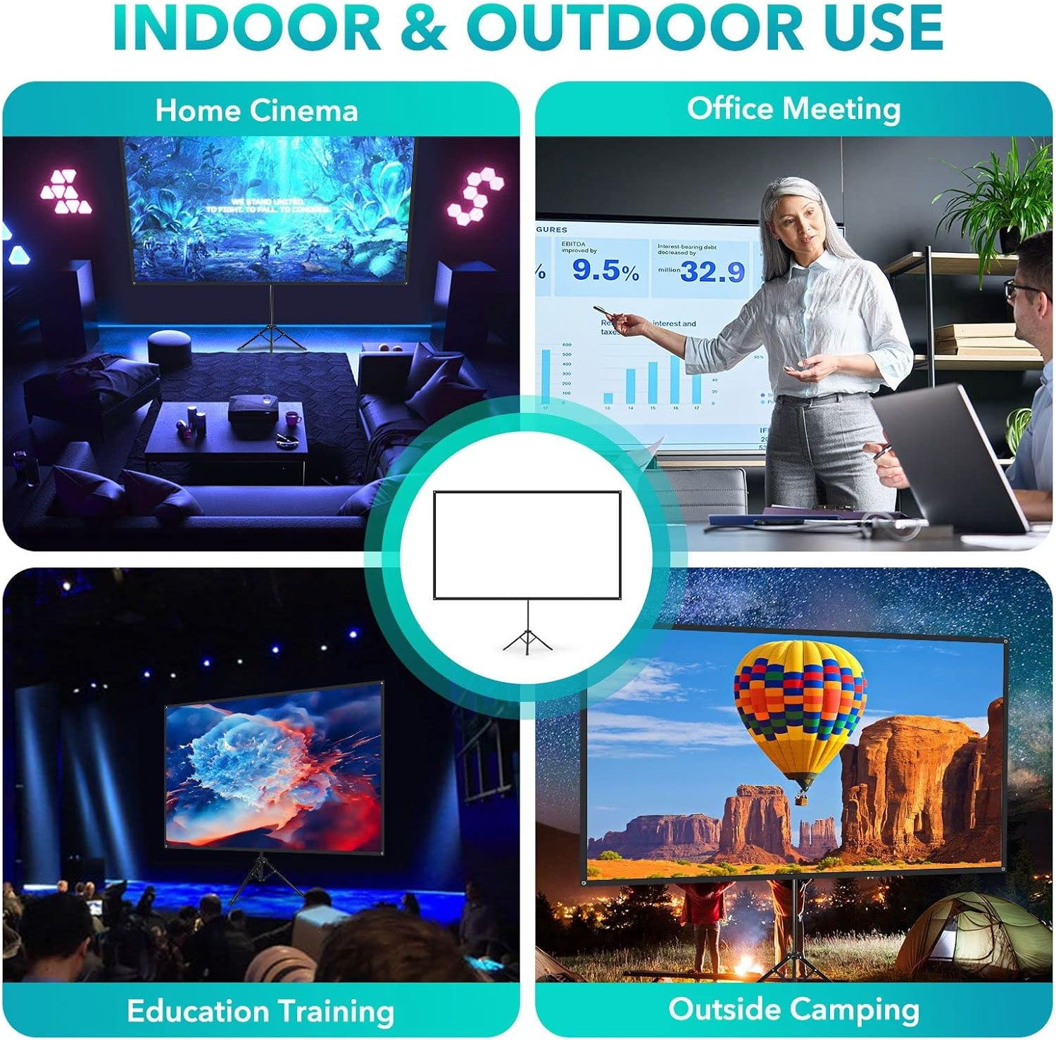 OGL 4K Portable Projector Screen with Tripod Stand, 80 Inch 16:9 Light-Weight Outdoor Movie Screen, Mobile and Compact, Easy Setup and Carrying, Projection Screen with 1.2 Gain Density Fiber, Idea for Home Cinema, Tours, Exhibitions, Meeting