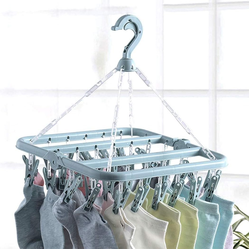Idopick 2 Pack Clothes Hanger Drying Rack with 32 Clips, Plastic Clothes Drying Hanger and Drip Foldable Hanging Rack Windproof Pegs Hook for Drying/Socks/Underwear/Clothes/Towels (Pink)