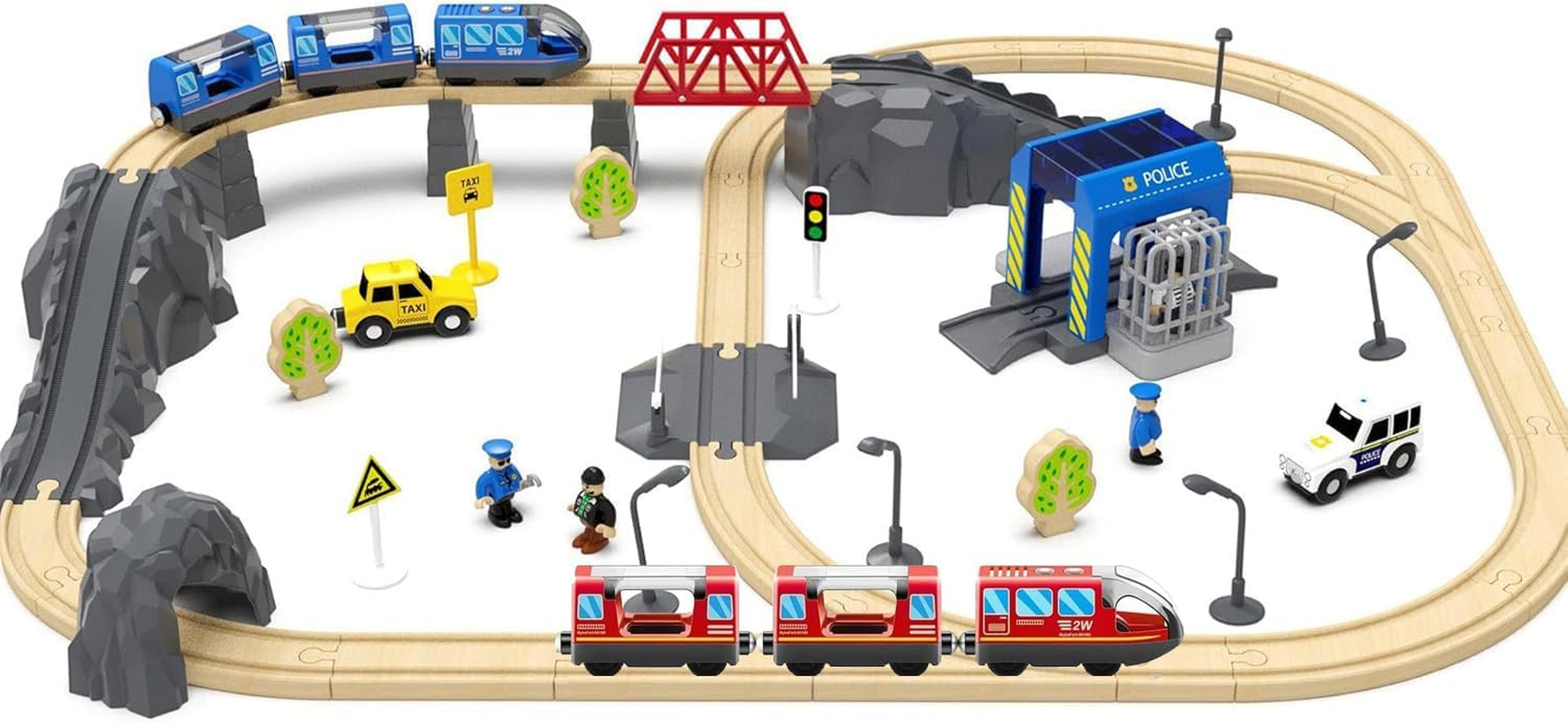 TOPLIVING Battery Operated Wooden Train Rail Set Toys for Toddlers Age 3 to 4 Years Boys Kids Magnetic Couplings City Vehicle with Figures