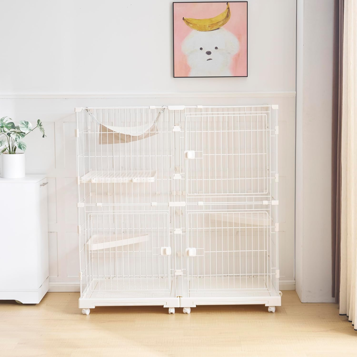 OSJ Cat Cage, 2 Tiers, Wide Design, Freely Combined, Includes Cat Door, Hammock Included, Tray, Large, Cat Cage, for Multiple Families, Cat House, Pet Cage, Answering Machine, Protection, Escape