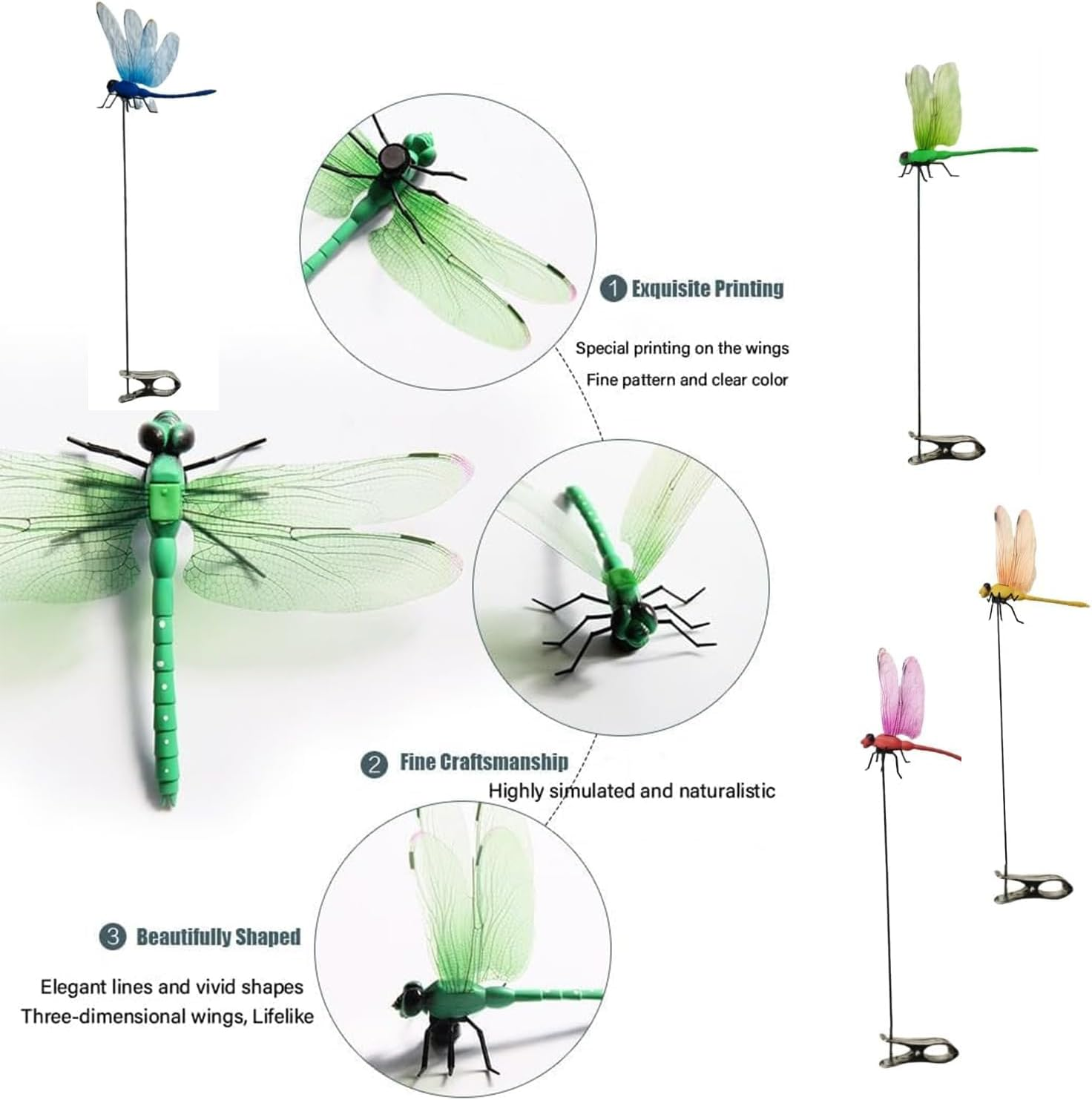 Yharnamite 8 Pcs Fake Dragonfly Clips, Fake Dragonfly Rod Clip Artificial Dragonfly Clips for Outdoors, Outdoor Simulation Dragonfly Clip for Patio Garden Decoration