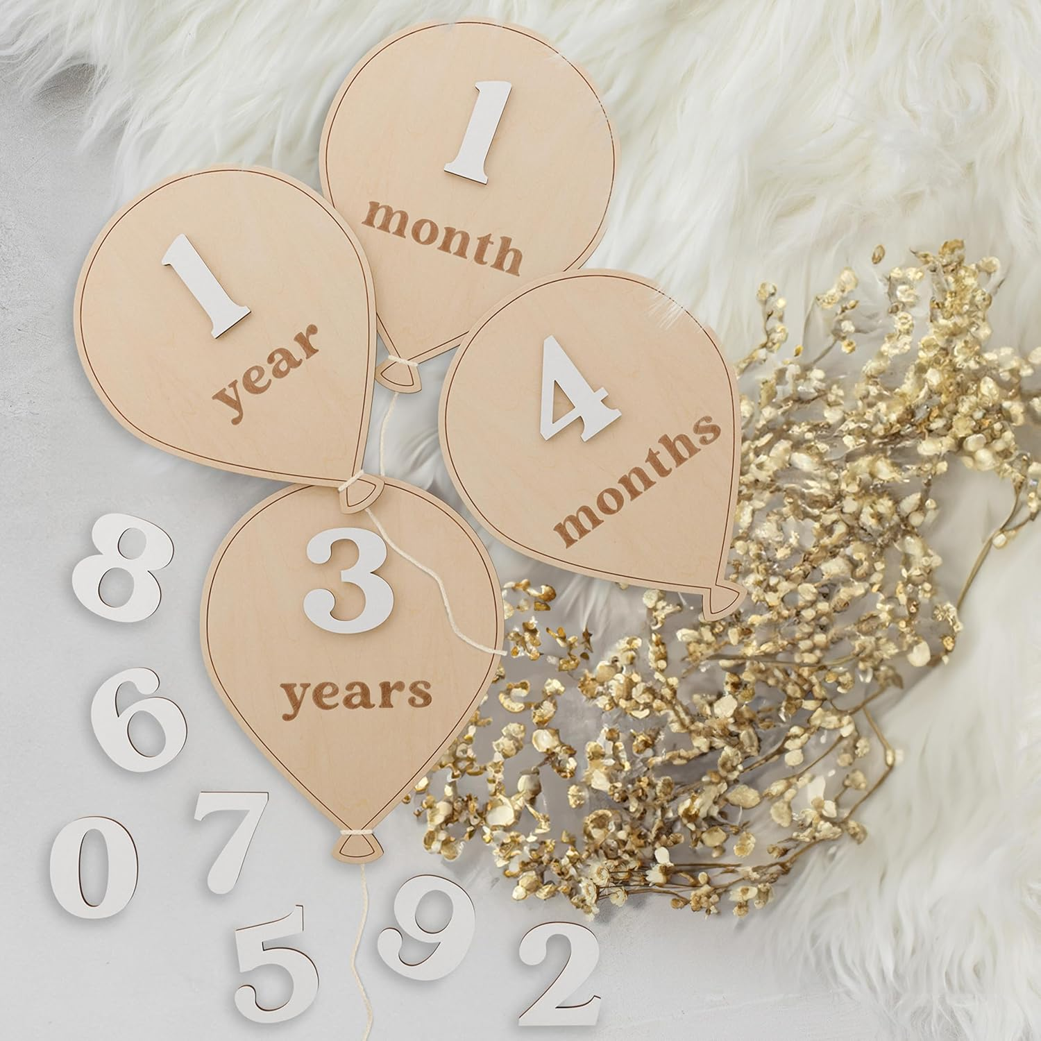 Beautiful Baby Monthly Milestone Cards - the Perfect Wooden Discs for Adorable Milestone Pictures of Your Newborn - 2X Reversible Balloon Signs with Interchangeable Numbers Make a Great Shower Gift image number 2