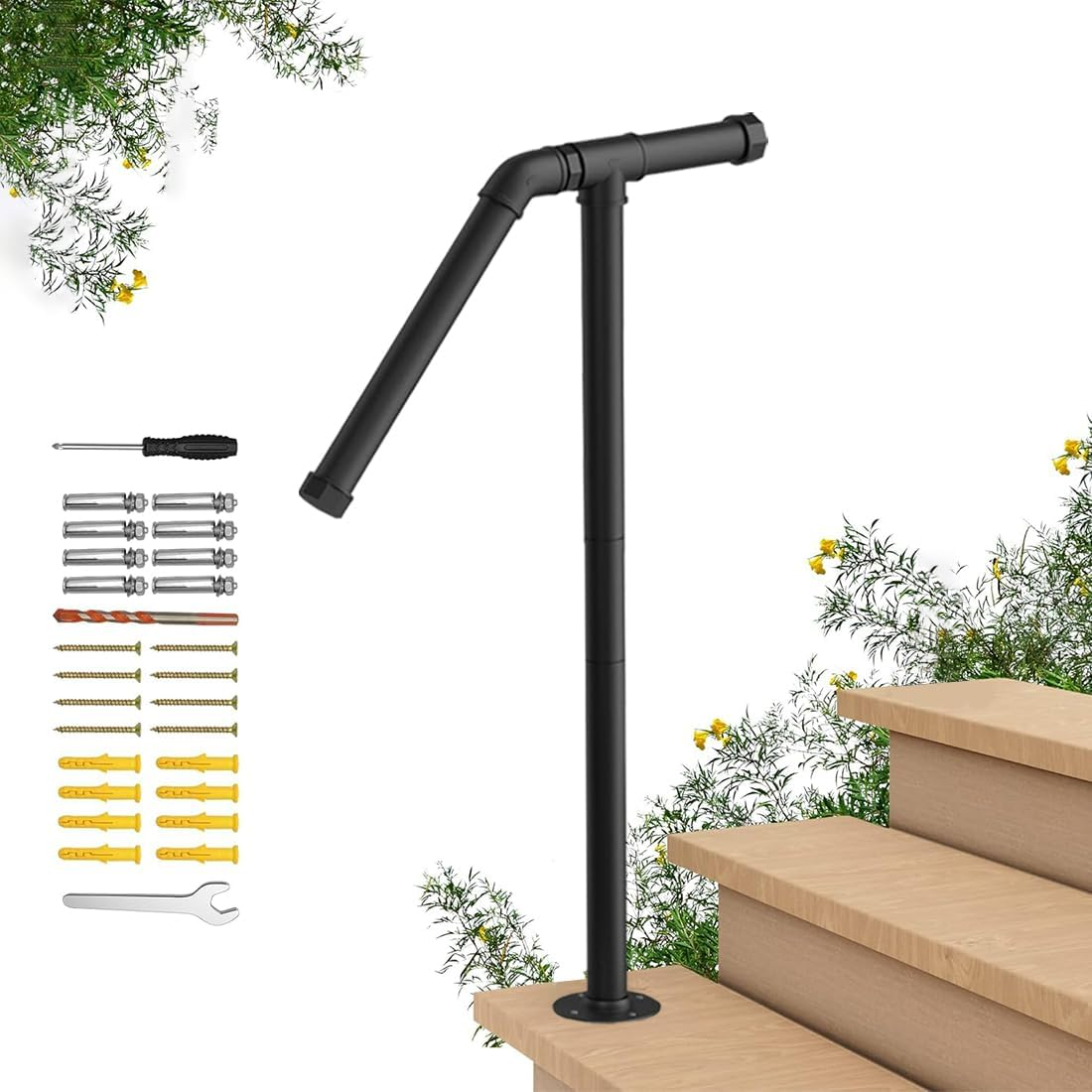 REASOR Outdoor Stair Railing Handrail for 1-2 Steps, Single Post Wrought Iron Rail for Concrete or Wooden Stairs, Black Powder Coated, 25Mm Diameter, Supports up to 100Kg image number 1