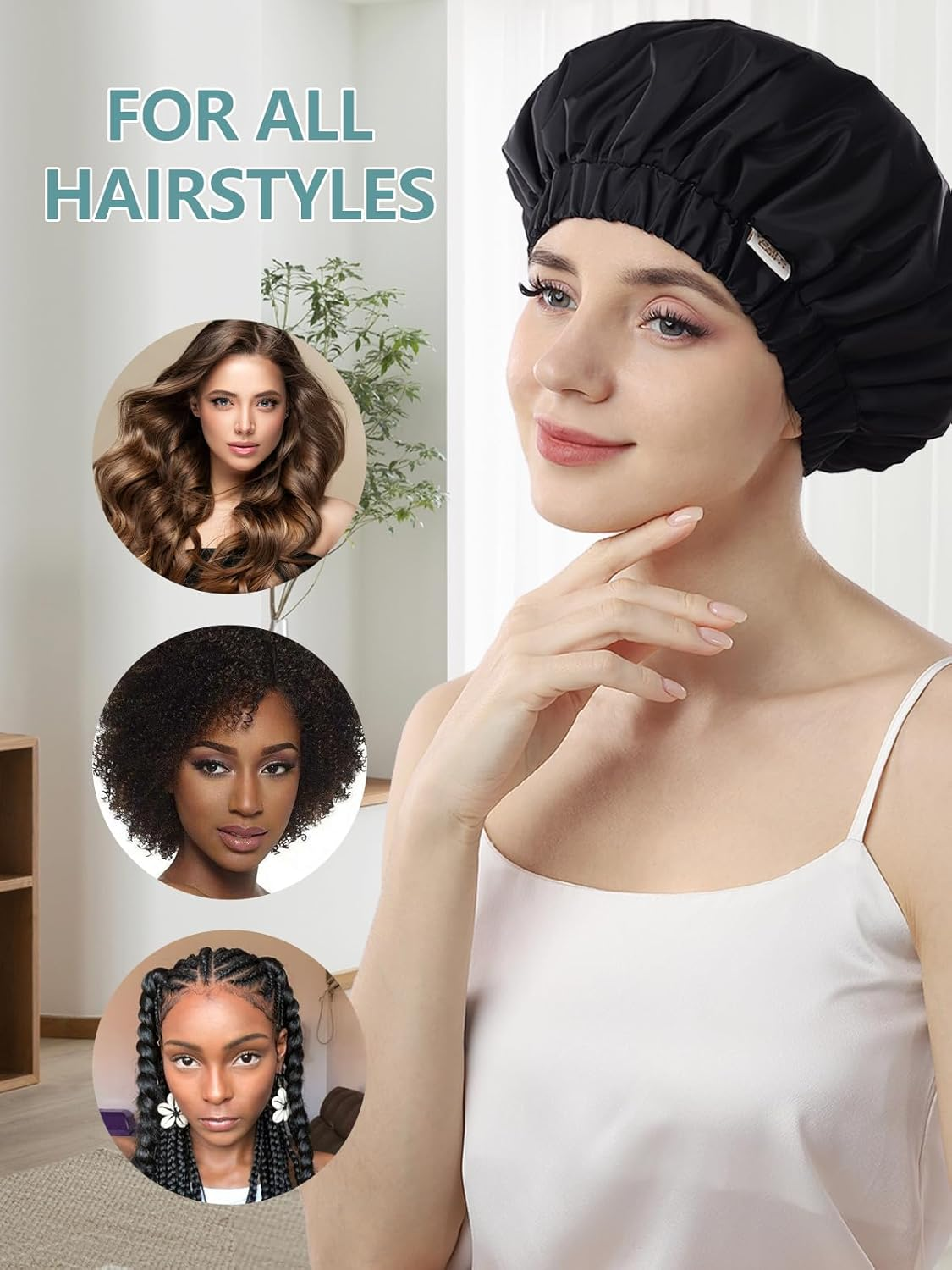 Years Calm Reusable Waterproof Shower Caps for Women, Hair Caps for Showers, Double-Layer Elastic Design, for All Hairstyles, Travel-Friendly (Black) image number 2