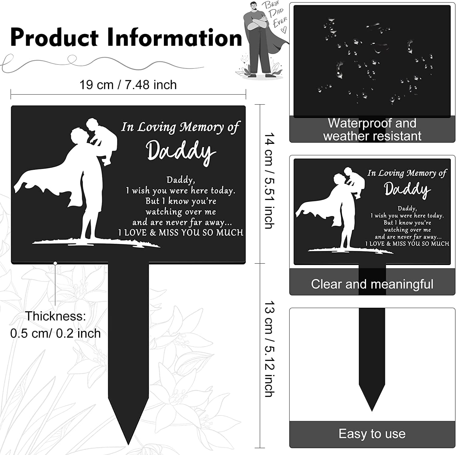 Cemetery Decorations for Grave Metal Grave Memorial Decorations Stake Plaque Grave Markers Outdoor Waterproof for Dad(Memory of Daddy) image number 4