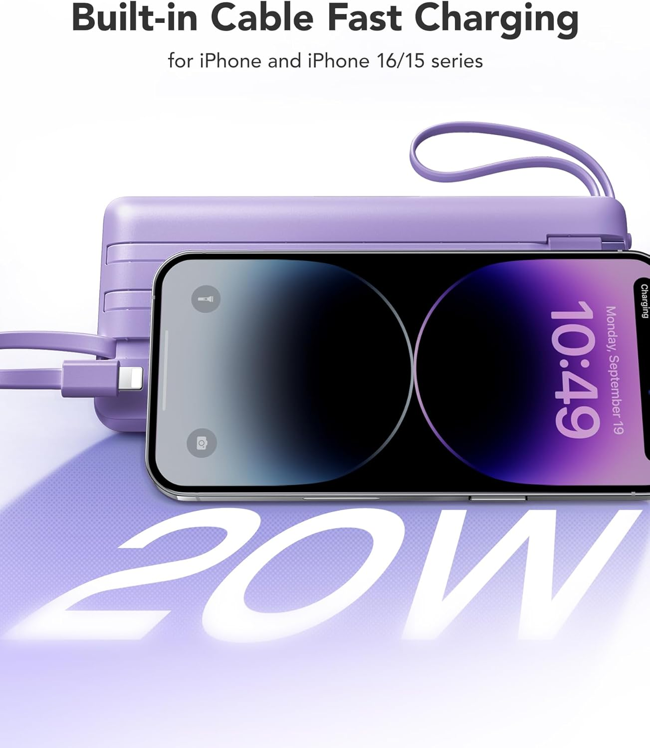 Portable Charger 20000Mah, Fast Charging Battery Pack 22.5W USB C, VRURC Phone Power Bank with 4 Built-In Cables, 4 Output 2 Input LED Display Compatible with Iphone Samsung,Tablet,Purple image number 4