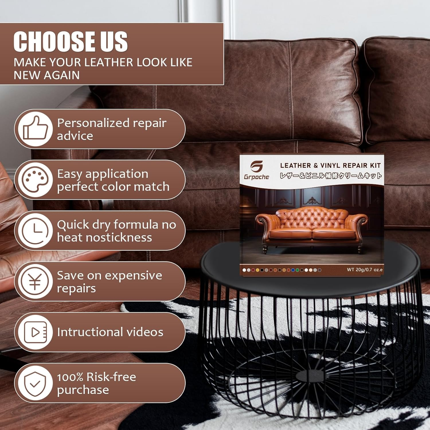 Grpoche Leather Products, Scratch Repair, Leather Care Kit, Leather Repair Cream, 18 Colors, Synthetic Leather Repair, Cracks, Scratches, Fading Repair, Leather Seats, Leather Handles, Genuine Leather