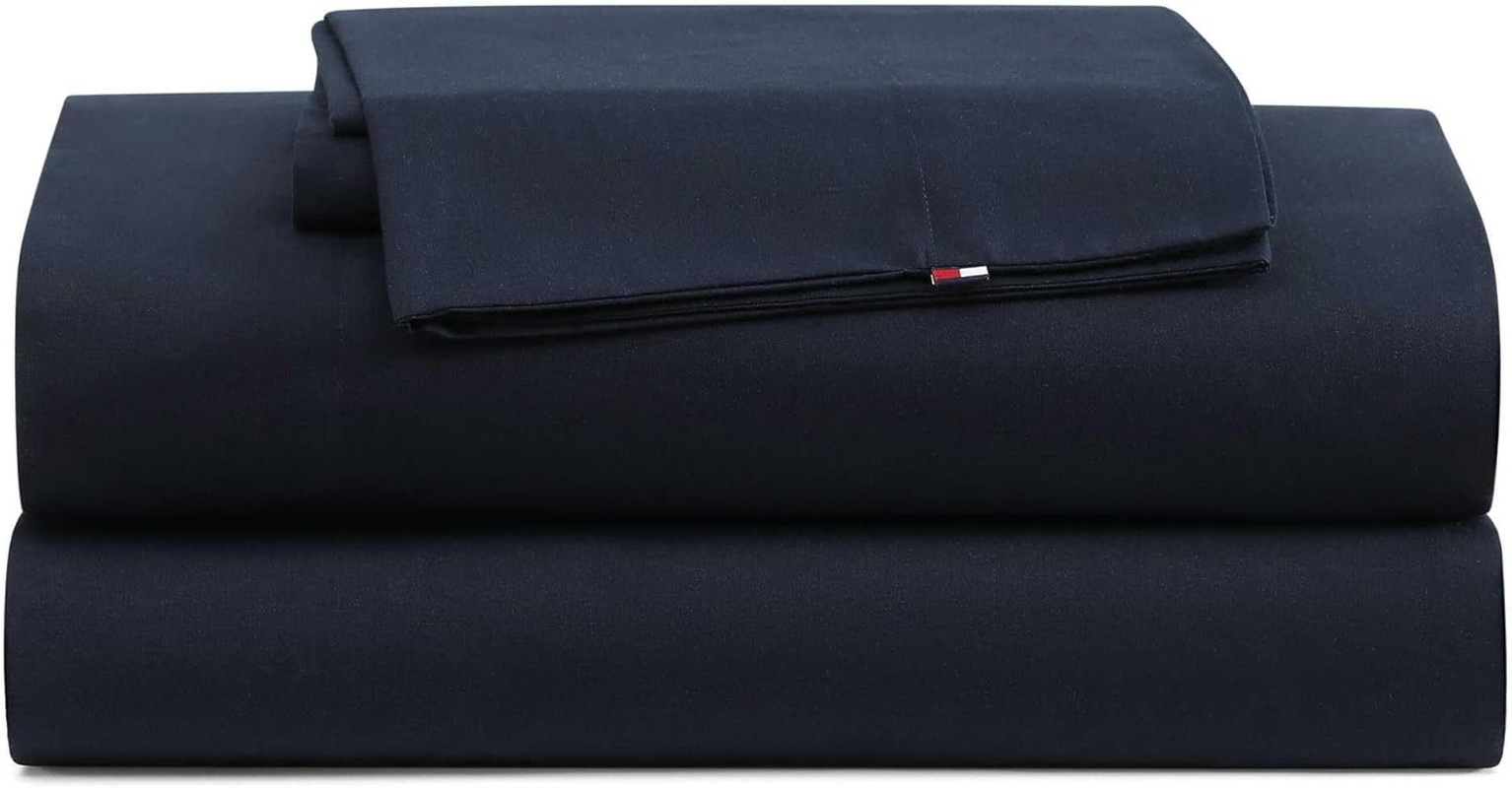 Tommy Hilfiger - King Bed Sheets, Moisture-Wicking Cotton Bedding with Matching Pillowcase, Lightweight Bed Set, Deep Pockets, Oeko-Tex Certified (Performance Cooling Navy)