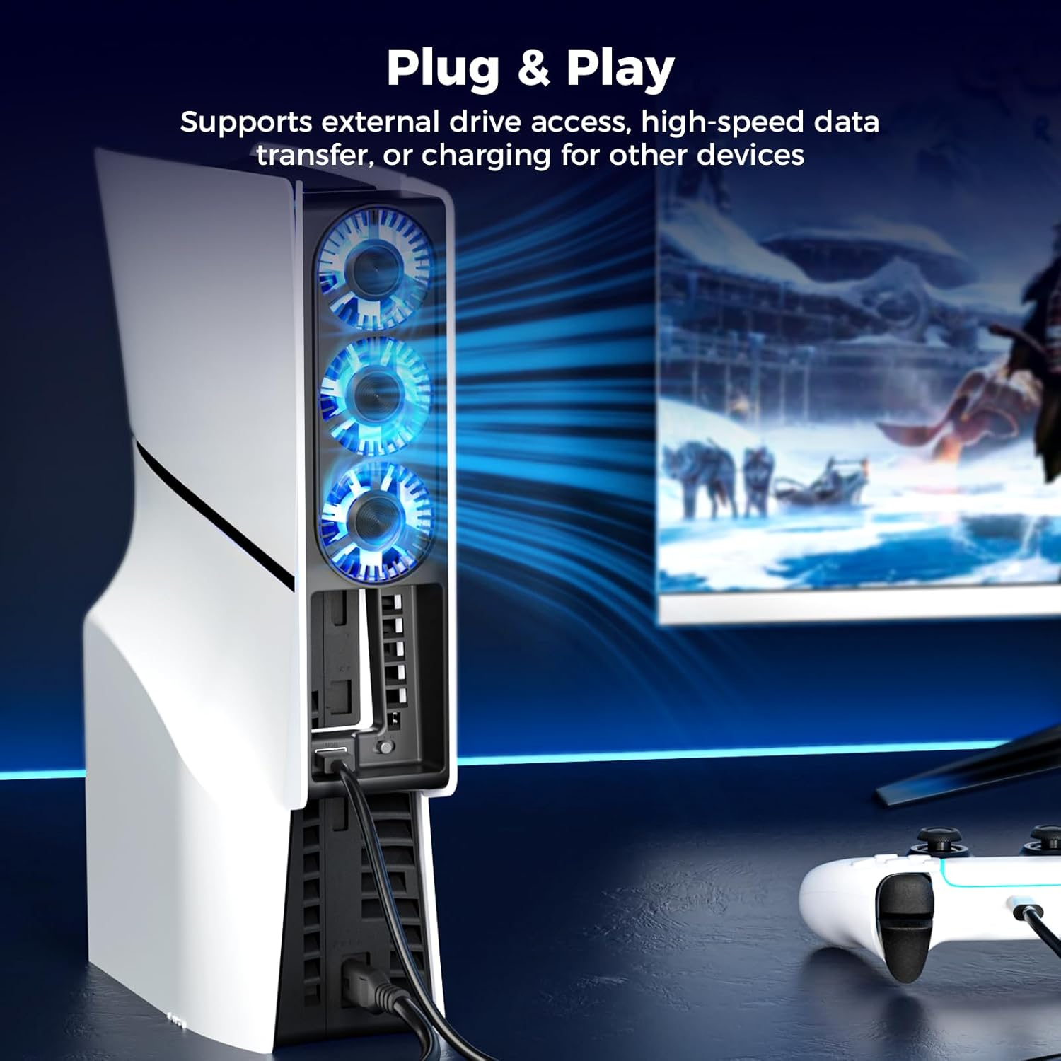 IINE PS5 Slim Cooling Fan, Silent Enhanced Cooling Fan for PS5 Slim Digital/Discs Edition, Quiet Cooling System for PS5 Slim with 3 Fans/Usb 3.0 Port, PS5 Slim Cooler Accessories image number 2