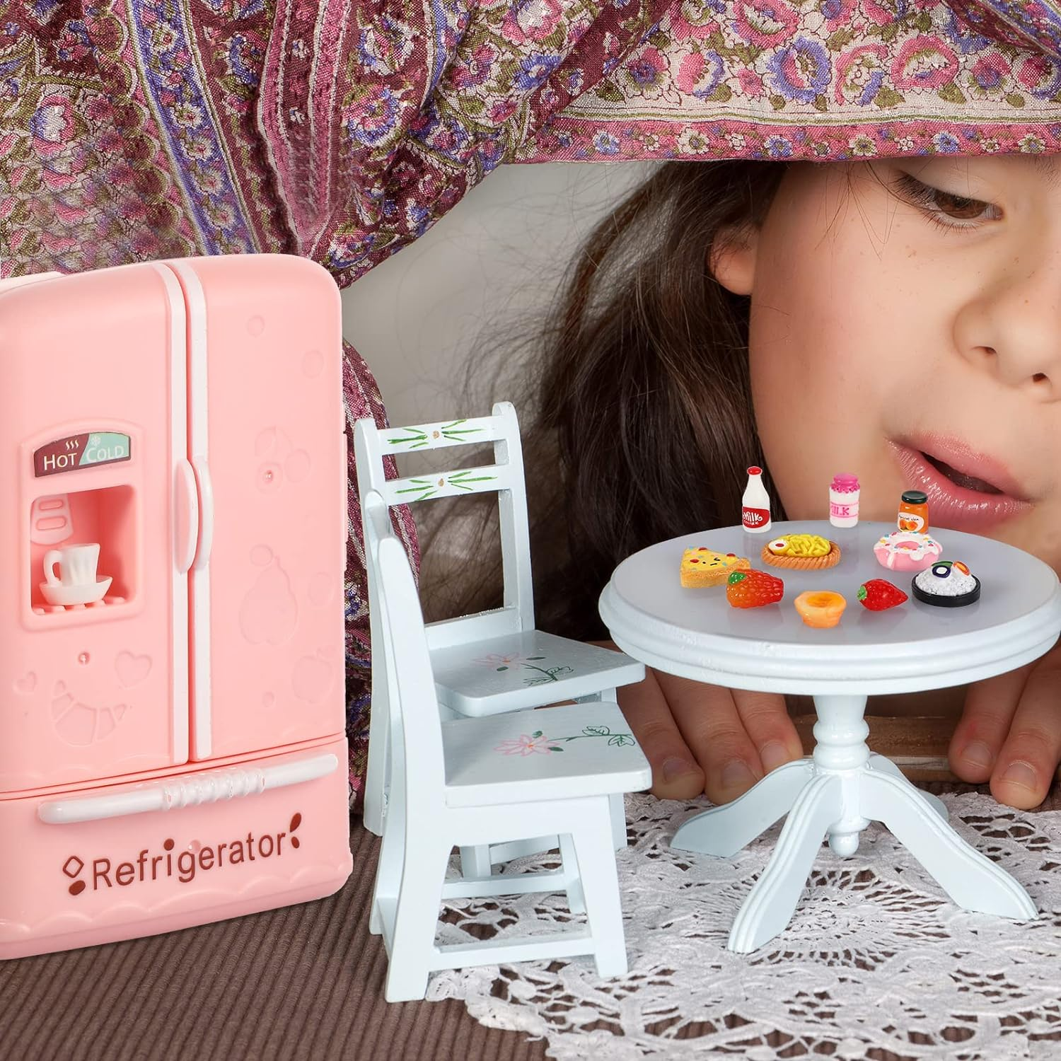 Lovely Style Mini Fridge with Mini Food Set - Dollhouse Kitchen Furniture - 17 Pieces image number 3