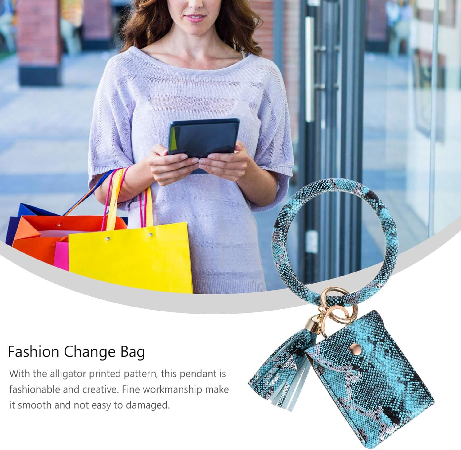 Wristlet Key Ring Bracelet with Pocket Card Holder Tassel Keyring Pattern Wristlet Keychain Bracelet Bangle for Women