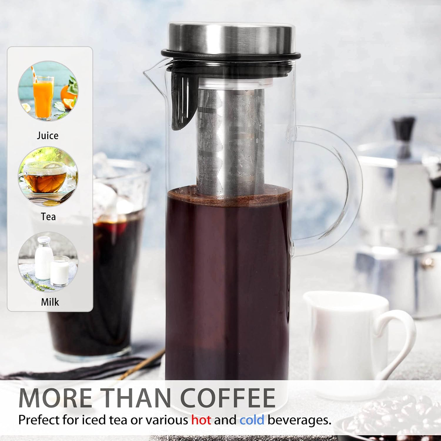 Mr Towels Deluxe Cold Brew Coffee Maker with Removable Stainless Steel Filter (Stainless Steel 44Oz/1300Ml/1.4Qt) image number 2