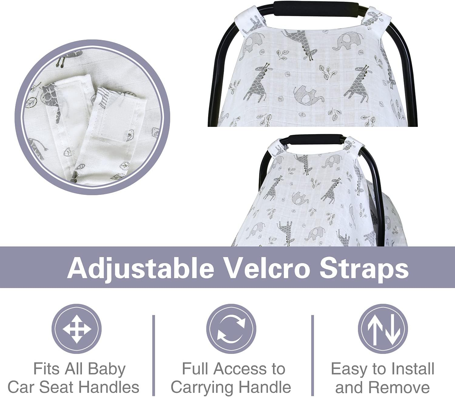 Baby Car Seat Covers for Boys Girls, Metplus Muslin Infant Carseat Canopy, Lightweight Breathable Newborn Carrier Canopies Stroller Cover, Universal Fit Large Size 47.2 X 35.4 Inch, Elephant Giraffe image number 1