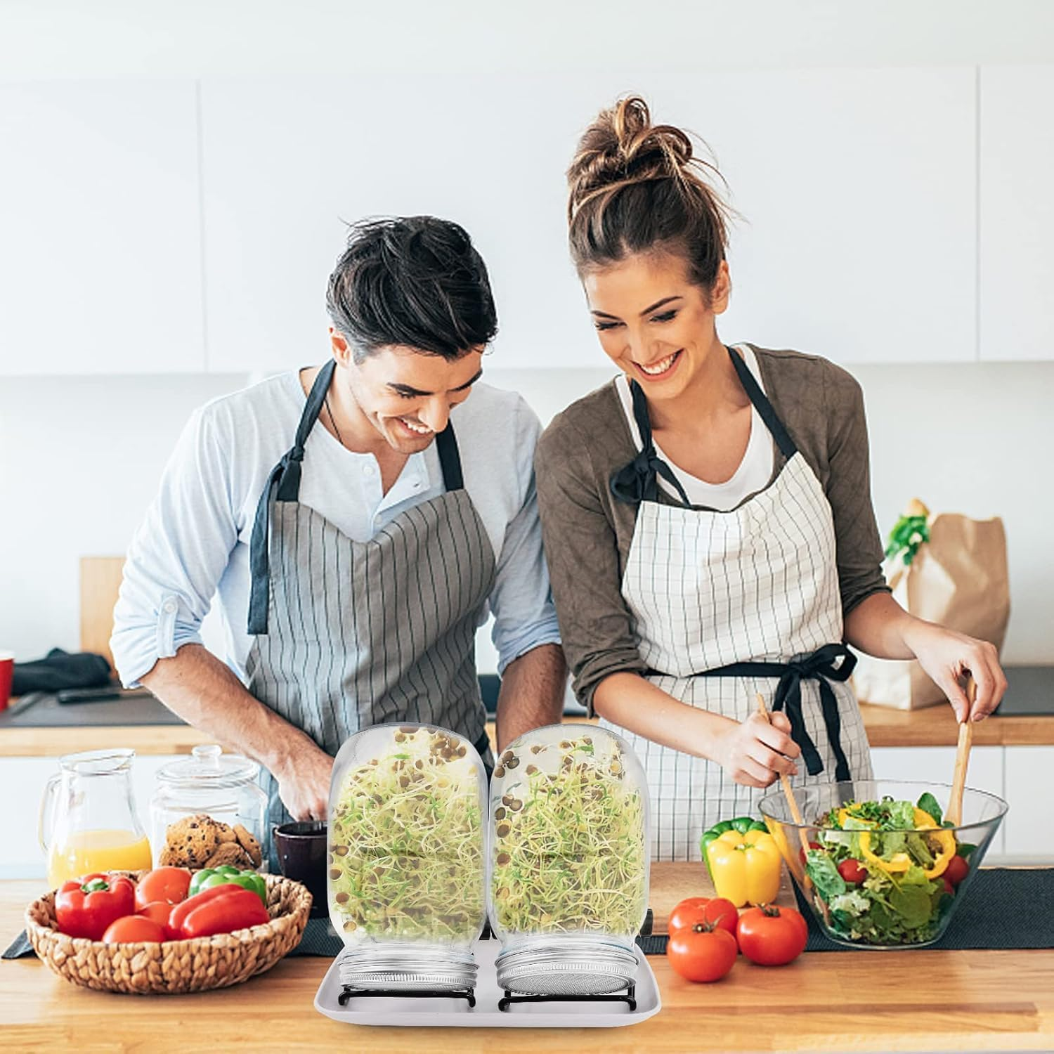2Pcs Sprouting Jar Kit &ndash; Wide Mouth Mason Jars with Stainless Steel Lids, Stand & Tray | Organic Seed Sprouter for Broccoli, Alfalfa, Mung Beans | Healthy Home Growing Kit for Vegans & Gardeners