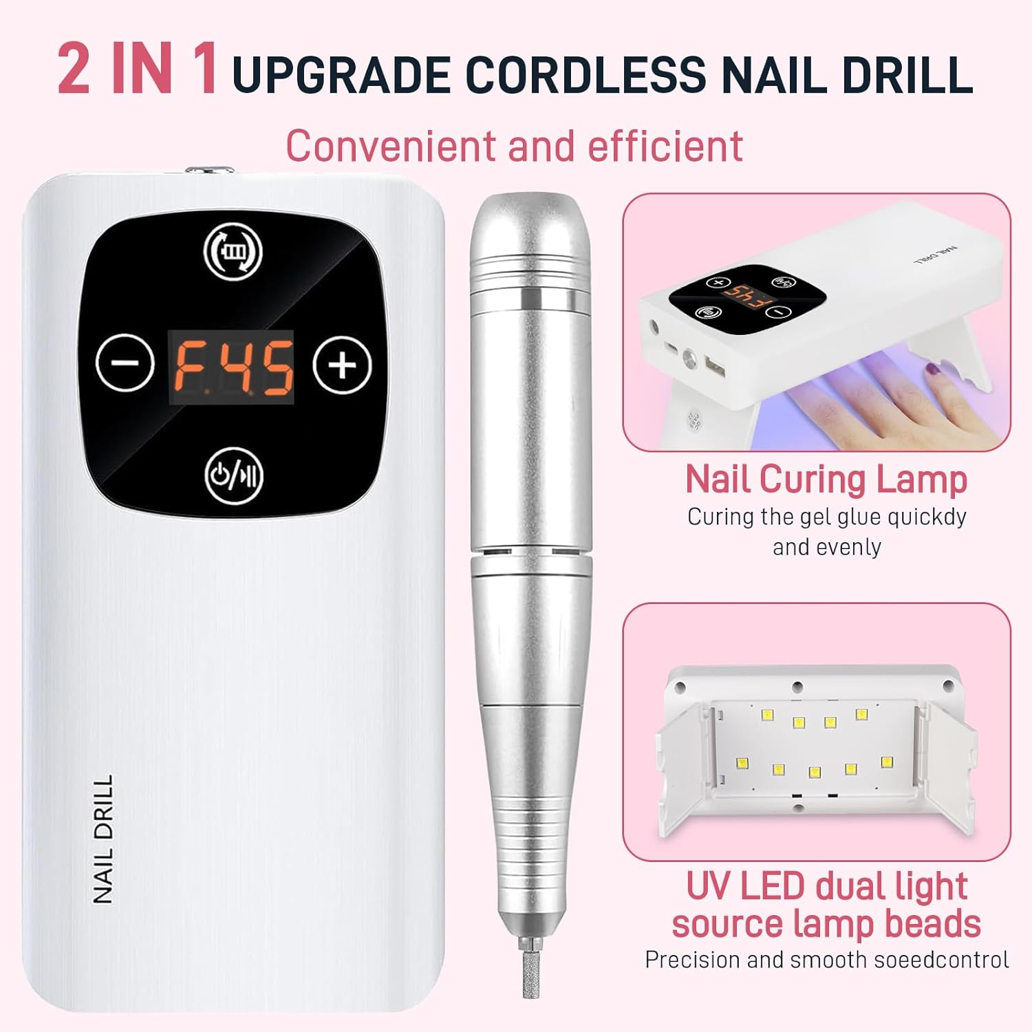 2-In-1 Cordless Nail Drill with Nail Lamp, Professional Rechargeable 45000 RPM Electric Nail File for Acrylic, Gel Nails, Manicure, Pedicure, Salon & Home Use image number 1