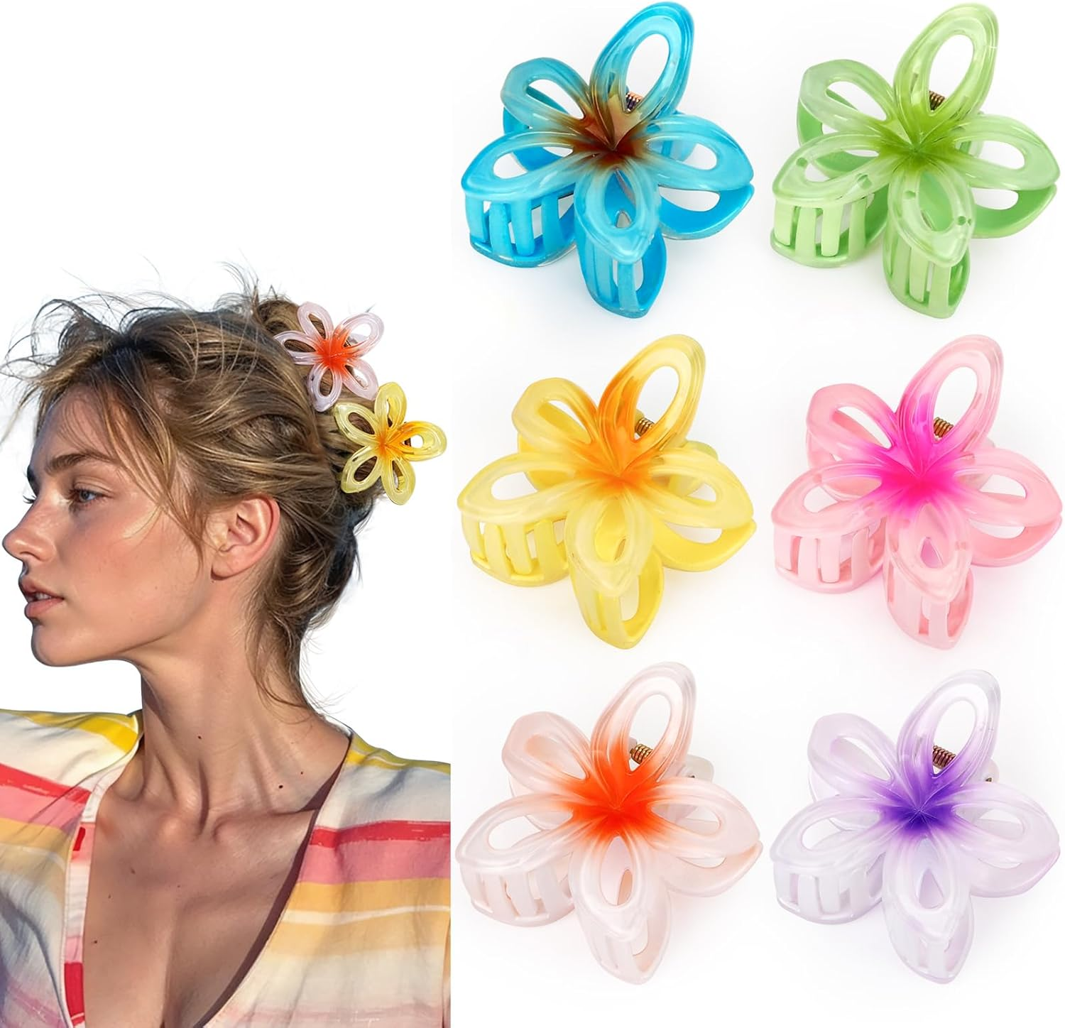 Euqvunn Flower Hair Clips 6Pcs, Hair Claw Clips Flower Claw Clips for Thick Hair, Hawaiian Flower Clips for Hair Non-Slip, Plumeria Hair Accessories Hairstyle Gifts for Women and Girl image number 1