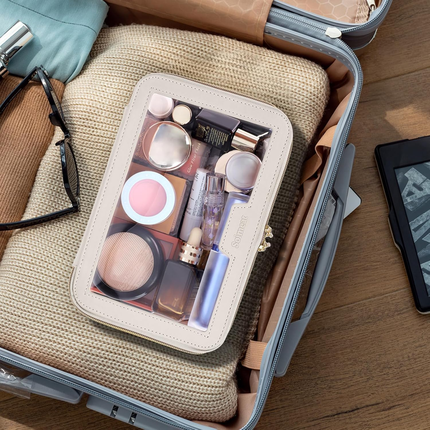 Soimeat Clear Makeup Bag, Leather Travel Makeup Case Toiletry Bag, Portable Cosmetic Bag Case, Transparent Waterproof Cosmetic Organizer Storage Bag for Women, Off-White, Large, Single Bag - Black image number 2