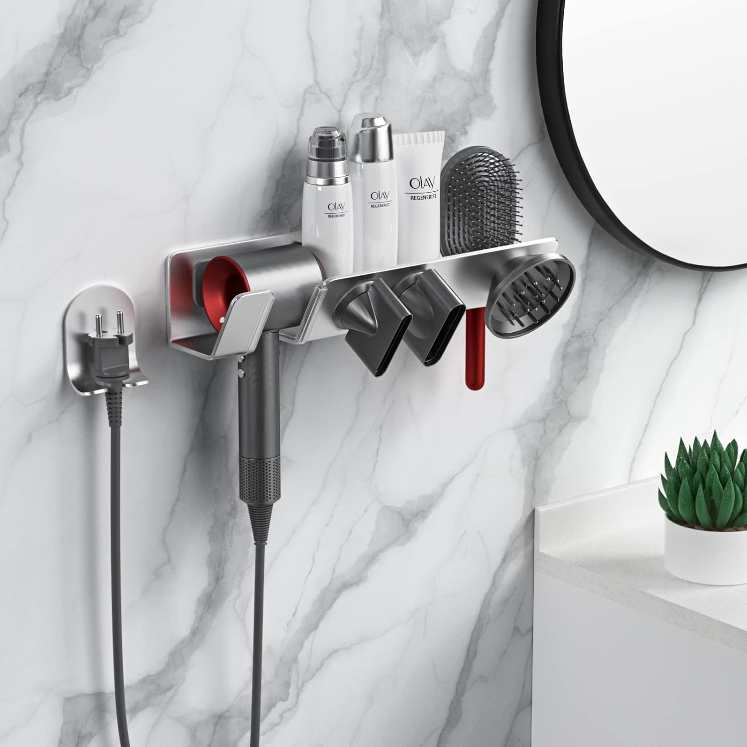 Hair Dryer Holder for Dyson Supersonic - Wall Mounted, Strong Magnetic Bracket Organizer for Attachments, Space-Saving Blow Hair Dryer Storage Shelf, Sturdy Bathroom Hair Care Tool Rack image number 5