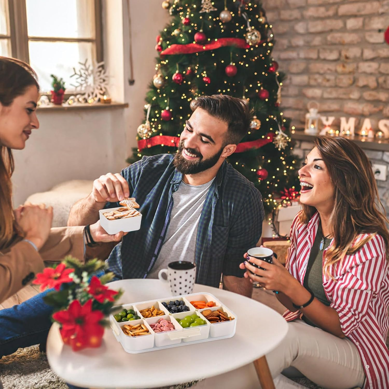 LUXEAR 2PC Divided Serving Tray with Lid and Handle Snack Box Charcuterie Container Dishwasher Safe Snack Platters Portable Clear Organizer for Fruits, Candy, Snacks, Picnic, Party&Travel image number 3