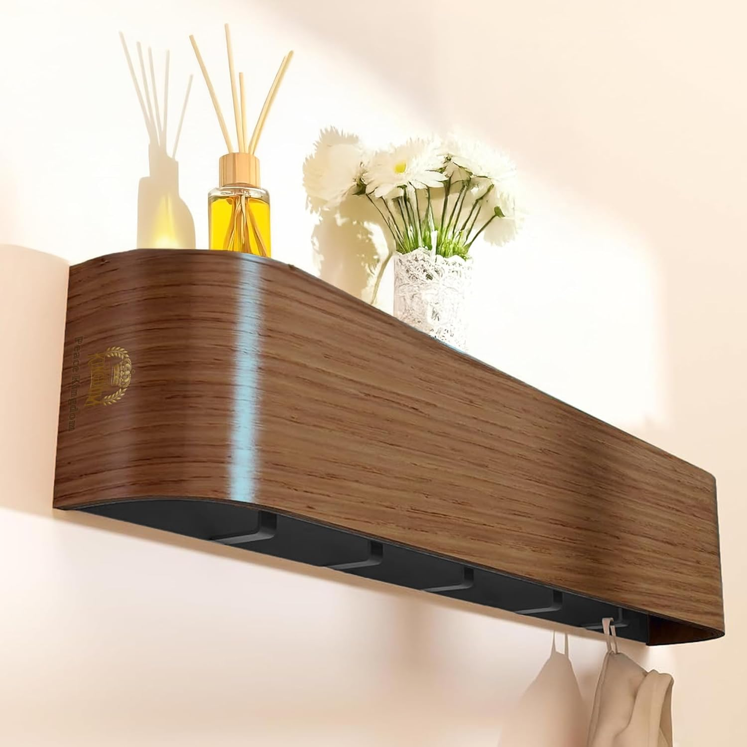 PEACE KINGDOM Wall-Mounted Wooden Coat Rack with Shelf, 50 Cm Modern Design Entryway Hat Towel Robes Coat Hanger with Hidden Metal Wall Hooks for Office, Bathroom, Living Room and Bedroom (Oak)